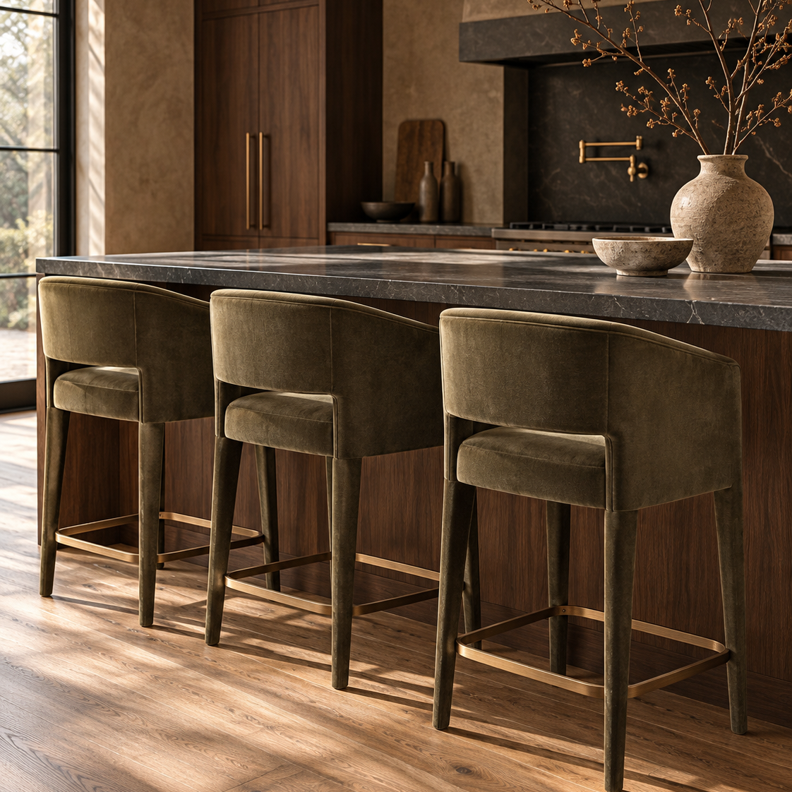 Three Amanda counter stools at a walnut kitchen island