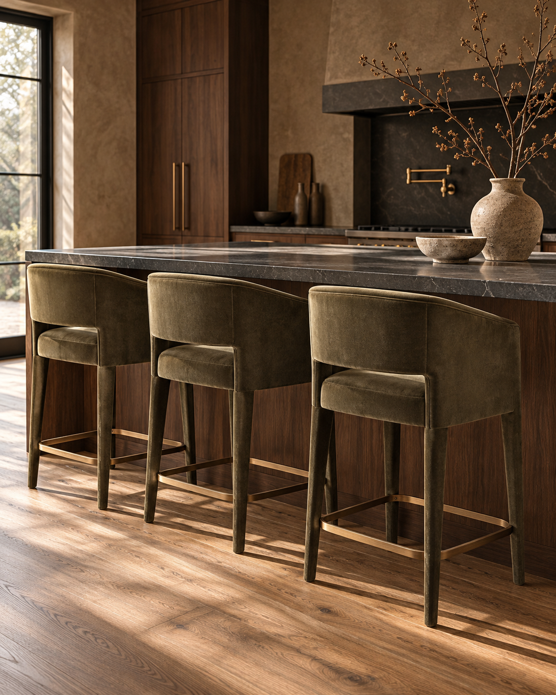 Three Amanda counter stools at a walnut kitchen island